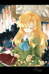 Rule 34 | 1girl, blonde hair, book, broken glass, canvas (object), character name, closed eyes, crayon, doll, dress, flower, framed, glass, hair over one eye, highres, ib (kouri), letterboxed, mary (ib), mirror, nishigyou teraa, rose, yellow flower, yellow rose