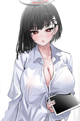 Rule 34 | 1girl, absurdres, alternate costume, alternate hair length, alternate hairstyle, black hair, blue archive, blunt bangs, blush, breasts, cleavage, hair ornament, hairclip, halo, highres, large breasts, looking at viewer, red eyes, rio (blue archive), school uniform, shirt, short hair, solo, white shirt, yuki (asayuki101)