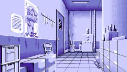 Rule 34 | 1990s (style), 5 jikanme no venus, bikini, bottle, box, bucket, ceiling, ceiling light, chair, door, fairy dust, folding chair, game cg, hallway, heart, indoors, limited palette, lowres, no humans, pc98, pixel art, poster (object), retro artstyle, swimsuit, tagme