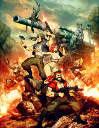 Rule 34 | 3girls, 5boys, aiming, angry, assault rifle, bandana, battle, beard, bikini, blonde hair, boots, breasts, camouflage, cannon, character request, clenched teeth, cloud, cover, explosive, facial hair, fire, firing, genzoman, germany, glasses, grenade, grin, gun, handgun, hat, helmet, highres, jolly roger, knife, kraut buster, long hair, manly, medium breasts, mercenary, military, military uniform, multiple boys, multiple girls, mustache, necktie, neo geo, official art, outdoors, promotional art, red hair, rifle, rock, short hair, shouting, smile, soldier, submachine gun, sunglasses, swimsuit, tank top, teeth, torn clothes, uniform, vest, video game cover, weapon
