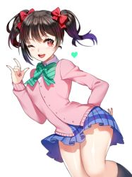 Rule 34 | 10s, 1girl, ;d, \m/, black hair, bow, cardigan, ganik (pisshine), hair bow, hand on own hip, heart, love live!, love live! school idol project, one eye closed, open mouth, red eyes, school uniform, skirt, smile, solo, twintails, white background, yazawa nico
