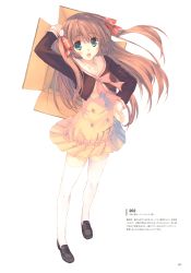 Rule 34 | 1girl, absurdres, aqua eyes, blush, box, brown hair, cardboard box, full body, hair ribbon, hand on own hip, highres, holding, holding box, loafers, long hair, long sleeves, looking at viewer, mitsumi misato, official art, open mouth, page number, pleated skirt, ribbon, scan, school uniform, serafuku, shoes, simple background, skirt, solo, thighhighs, two side up, white background, white thighhighs