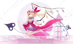 Rule 34 | 1girl, ;), adapted costume, ainy, ascot, bad id, bad pixiv id, bare legs, barefoot, blonde hair, closed mouth, crystal, flandre scarlet, flying, frilled shirt collar, frills, full body, hat, hat ribbon, laevatein, long hair, long sleeves, looking at viewer, mob cap, one eye closed, overskirt, ponytail, puffy long sleeves, puffy sleeves, red eyes, red ribbon, ribbon, side ponytail, smile, solo, touhou, wings