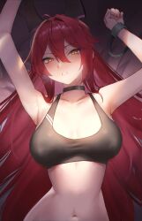 Rule 34 | 1girl, absurdres, ahoge, armpits, arms up, bare shoulders, black choker, black sports bra, breasts, choker, cleavage, collarbone, commentary, cuffed, cuffs, fake horns, goddess of victory: nikke, hair between eyes, hair intakes, handcuffs, highres, horns, large breasts, long hair, looking at viewer, lying, maviss 03, mechanical horns, navel, on back, parted lips, red hair, red hood (nikke), restrained, sidelocks, solo, sports bra, stomach, upper body, yellow eyes