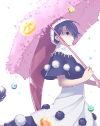 Rule 34 | 1girl, bad id, bad pixiv id, black capelet, blue eyes, blue hair, blurry, blurry background, capelet, closed mouth, cowboy shot, doremy sweet, dream soul, dress, hat, highres, holding, holding umbrella, looking to the side, marble (toy), multicolored clothes, multicolored dress, nightcap, pink umbrella, pom pom (clothes), red hat, shikushiku (amamori weekly), short hair, solo, sparkle, standing, tail, tapir tail, touhou, umbrella, white background