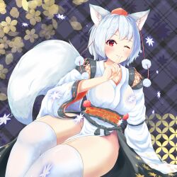 Rule 34 | 1girl, ;), animal ear fluff, animal ears, black background, blush, closed mouth, colored eyelashes, commentary request, hat, highres, index finger raised, inubashiri momiji, japanese clothes, keesuke (kkosyoku), kimono, kourindou tengu costume, long sleeves, looking at viewer, nengajou, new year, official alternate costume, one eye closed, red hat, smile, tail, thighhighs, thighs, tokin hat, touhou, white kimono, white thighhighs, wolf ears, wolf girl, wolf tail