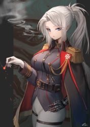 Rule 34 | 1girl, absurdres, belt, black belt, blue eyes, breasts, cigarette, cowboy shot, epaulettes, gloves, grey legwear, grey pants, hand on own hip, highres, ioriwu8, large breasts, long hair, long sleeves, looking at viewer, mechanical arms, military, military uniform, original, pants, parted lips, ponytail, silver hair, single mechanical arm, smoke, smoking, solo, thighs, uniform, white gloves