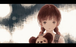 Rule 34 | 1girl, braid, brown hair, gradient background, letterboxed, looking at viewer, mitsuki mouse, original, parted lips, sepia, solo, star (symbol), stuffed animal, stuffed toy, suspenders, teddy bear, twin braids, upper body