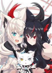 Rule 34 | 1boy, 2girls, :&lt;, absurdres, ahoge, animal ear fluff, animal ears, black gloves, black hair, black shirt, blush, braid, breasts, commentary request, crop top, detached sleeves, double fox shadow puppet, earrings, extra ears, fox ears, fox girl, fox shadow puppet, fox tail, gloves, green eyes, grey eyes, hair between eyes, heterochromia, highres, hn73449228, hololive, hood, hoodie, indie virtual youtuber, jacket, jewelry, kurokami fubuki, long hair, looking at viewer, multicolored hair, multiple girls, nagishiro mito (vtuber), open mouth, outstretched arms, pentagram, red eyes, red hair, shirakami fubuki, shirakami fubuki (1st costume), shirt, sidelocks, single braid, small breasts, streaked hair, tail, virtual youtuber, white hair, white hoodie, white jacket, yellow eyes