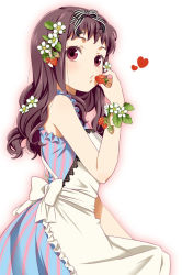 Rule 34 | 1girl, apron, bow, dress, flower, food, food-themed hair ornament, frills, fruit, hair bow, hair flower, hair ornament, hair ribbon, heart, holding, holding food, holding fruit, leaf, mattaku mousuke, multicolored stripes, original, ribbon, simple background, sleeveless, solo, strawberry, strawberry blossoms, strawberry hair ornament, striped, vertical stripes, white background