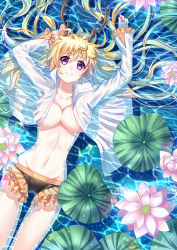 Rule 34 | 1girl, bad id, bad pixiv id, bikini, bikini bottom only, blonde hair, breasts, cleavage, collarbone, flower, groin, haneru, large breasts, long hair, looking at viewer, lotus, lying, navel, on back, open clothes, open shirt, original, purple eyes, shirt, smile, solo, swimsuit, water, wet, wet clothes, wet shirt, white background