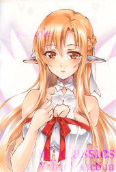 Rule 34 | 1girl, artist name, asuna (sao), at classics, bare shoulders, blush, braid, breasts, brown eyes, brown hair, cleavage, closed mouth, expressionless, french braid, hair between eyes, large breasts, long hair, looking at viewer, pointy ears, sample watermark, short sleeves, sidelocks, solo, sword art online, traditional media, upper body, watermark