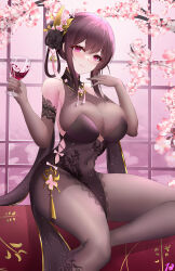 Rule 34 | 1girl, absurdres, azur lane, bare shoulders, black dress, black flower, black rose, bodystocking, bow, breasts, brown hair, chen hai (azur lane), chen hai (vestibule of wonders) (azur lane), cherry blossoms, cleavage, closed mouth, covered navel, cup, dress, drinking glass, elbow gloves, flower, gloves, gold tassel, hair flower, hair ornament, highres, holding, holding cup, large breasts, leaf print, nanoda002 (saber427), pink bow, pink eyes, pink tassel, red wine, rose, see-through, see-through cleavage, sidelocks, sleeveless, solo, tassel, tassel hair ornament, taut bodystocking, wine glass