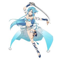 Rule 34 | 10s, 1girl, asuna (sao), asuna (sao-alo), blue bra, blue eyes, blue hair, bra, breasts, cleavage, full body, holding, holding sword, holding weapon, long hair, matching hair/eyes, medium breasts, navel, open mouth, panties, pointy ears, simple background, solo, strapless, strapless bra, sword, sword art online, underwear, watermark, weapon, white background, white panties