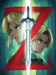 Rule 34 | 2boys, age difference, aged down, aged up, blonde hair, blue eyes, face focus, green background, highres, kuroi susumu, letter, link, looking to the side, master sword, multiple boys, nintendo, reference, serious, sword, the legend of zelda, the legend of zelda: ocarina of time, weapon, young link, z (letter)