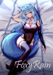 Rule 34 | 1girl, absurdres, animal ears, arm up, artist name, bare shoulders, bed sheet, black dress, black thighhighs, blue eyes, blue hair, borrowed character, braid, breasts, bridal gauntlets, cleavage, covered navel, detached collar, dress, fox ears, fox girl, fox tail, grin, highleg, highres, large breasts, large tail, long hair, looking at viewer, lying, on back, original, panties, pelvic curtain, side-tie panties, side-tie peek, single bridal gauntlet, sister reine (foxyreine), sleeveless, sleeveless dress, smile, solo, string panties, tail, thigh strap, thighhighs, thighs, underwear, unyuru, very long hair