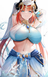Rule 34 | 1girl, armpits, arms behind head, blue eyes, blush, breasts, brooch, chomikuplus, crop top, dancer, detached sleeves, genshin impact, harem outfit, highres, horns, huge breasts, jewelry, long hair, long sleeves, looking at viewer, navel, nilou (genshin impact), red hair, skirt, smile, solo, stomach, thighlet, thighs, twintails, veil, water, wet