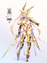 Rule 34 | 1girl, :d, armor, ascot, bikini armor, blonde hair, breasts, cleavage, commentary, elbow gloves, full body, gloves, gold armor, green eyes, grey background, highres, holding, holding sword, holding weapon, large breasts, long hair, looking at viewer, mechanical ears, navel, open mouth, original, simple background, smile, solo, standing, sword, takamine nadare, thighhighs, twintails, very long hair, weapon, white background