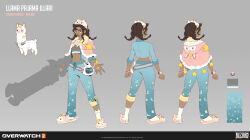 Rule 34 | 1girl, 2023, absurdres, animal, blue pants, blue sleeves, bracelet, brown hair, clenched hands, closed mouth, commentary, concept art, copyright name, dark-skinned female, dark skin, english commentary, english text, full body, grey background, headband, highres, holding, holding weapon, hood, hoodie, illari (overwatch), jewelry, llama, midriff, navel, official art, open hand, overwatch, overwatch 2, pajamas, pants, pink hoodie, short hair, simple background, skirt, star (symbol), star ornament, tinadraw, weapon, white headband, white skirt