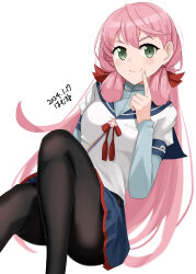 Rule 34 | 1girl, absurdres, akashi (kancolle), alternate legwear, artist name, black pantyhose, blue skirt, blunt tresses, breasts, commentary request, dated, feet out of frame, green eyes, hair ribbon, hamukiyo, highres, kantai collection, long hair, long sleeves, looking at viewer, lying, medium breasts, open mouth, pantyhose, pink hair, pleated skirt, red ribbon, ribbon, shirt, simple background, skirt, smile, solo, tress ribbon, very long hair, white background, white shirt