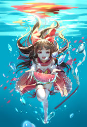 1girl absurdres adapted_costume bow breasts brown_hair bubble cleavage detached_sleeves dress female_focus food fruit full_body gohei greetload hair_bow hair_tubes hakurei_reimu highres large_breasts long_hair looking_at_viewer md5_mismatch open_mouth outstretched_arms pink_eyes red_dress resolution_mismatch smile solo source_smaller strapless strapless_dress thighhighs touhou underwater watermelon white_thighhighs zettai_ryouiki