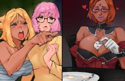 Rule 34 | 3girls, warrior of light (ff14), bbchu, black-framed eyewear, blonde hair, blush, borrowed character, breasts, cleavage, comic, commentary, commission, crossover, crying, crying with eyes open, dark-skinned female, dark skin, detached sleeves, earrings, elezen, elf, english commentary, fillia einhart, final fantasy, final fantasy xiv, flehmen response, food, food on face, glasses, gloves, green eyes, hamster, highres, huge breasts, jewelry, kenshin187, left-to-right manga, lily (bbc-chan), lipstick, makeup, medium breasts, meme, mole, mole on breast, mole under mouth, motion blur, multiple girls, orange hair, original, pink hair, pointing, pointy ears, purple-framed eyewear, purple lips, roegadyn, second-party source, semi-rimless eyewear, short hair, silent comic, soothing ruby (eirgallant), tears, under-rim eyewear, white gloves, woman yelling at cat (meme)