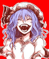 Rule 34 | 1girl, :d, blush, facing viewer, fangs, hair between eyes, hat, itou yuuji, laughing, open mouth, outline, puffy short sleeves, puffy sleeves, purple hair, red background, remilia scarlet, shirt, short sleeves, simple background, smile, solo, touhou, vampire, white hat, white outline, white shirt