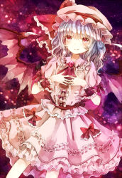 Rule 34 | 1girl, alternate wings, ascot, bad id, bad pixiv id, blue hair, bow, brooch, embellished costume, female focus, frills, hands on own chest, hat, hat bow, jaku sono, jewelry, pink eyes, remilia scarlet, sash, shirt, skirt, skirt set, smile, solo, touhou, wings, wrist cuffs