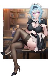 Rule 34 | 1girl, absurdres, alternate costume, bad anatomy, black hairband, blue hair, blurry, blurry background, breasts, brown thighhighs, chair, cleavage, cleavage cutout, closed mouth, clothing cutout, crossed legs, enmaided, eula (genshin impact), full body, garter straps, genshin impact, hairband, heart cutout, highres, large breasts, legs, long hair, looking at viewer, maid, maid headdress, on chair, pink eyes, shoes, short hair, short sleeves, sitting, smile, solo, terebi (shimizu1996), thighhighs, thighs