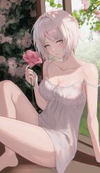 Rule 34 | 1girl, absurdres, bare legs, barefoot, blue eyes, blush, breasts, cleavage, collarbone, commentary request, day, eonyan (chaeyang), faust (project moon), flower, foot out of frame, grass, hair intakes, head tilt, highres, holding, holding flower, indian style, indoors, limbus company, looking at viewer, medium breasts, medium hair, messy hair, nightgown, off shoulder, parted bangs, parted lips, pink flower, pink rose, project moon, ribbon, rose, sidelocks, sitting, solo, swept bangs, thighs, vegetation, white flower, white hair, white nightgown, window