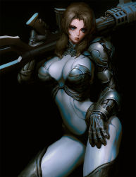 Rule 34 | 1girl, armor, armored bodysuit, armored boots, black background, blue eyes, boots, breasts, brown hair, gun, hand on own thigh, holding, holding gun, holding weapon, infi, large breasts, leaning, original, over shoulder, power armor, science fiction, skin tight, solo, thick lips, v-shaped eyebrows, weapon