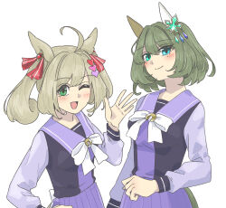 2girls ;d ahoge animal_ears blue_eyes bow bowtie ear_covers ear_ornament green_eyes green_hair heterochromia highres horse_ears horseshoe_ornament idolmaster idolmaster_cinderella_girls kopperion light_brown_hair long_sleeves looking_at_viewer mole mole_under_eye multiple_girls one_eye_closed open_mouth pleated_skirt purple_shirt purple_skirt sailor_collar sailor_shirt sato_shin school_uniform shirt short_hair simple_background skirt smile takagaki_kaede tracen_school_uniform twintails umamusume white_background white_bow white_bowtie