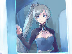 Rule 34 | 1girl, blue eyes, breasts, cleavage, cleavage cutout, clothing cutout, earrings, hair over one eye, jewelry, long hair, looking at viewer, medium breasts, rwby, scar, scar across eye, scar on face, side ponytail, silver hair, sketch, solo, tsuta no ha, upper body, weiss schnee