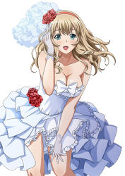 Rule 34 | 1girl, aqua eyes, bare shoulders, breasts, cleavage, dress, flower, gloves, hairband, hand to head, ikkitousen, large breasts, light brown hair, long hair, looking at viewer, open mouth, simple background, solo, sonken chuubou, strapless, strapless dress, white background, white dress