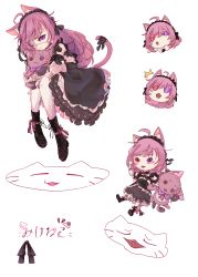 Rule 34 | absurdres, ahoge, animal ears, bad anatomy, black dress, black ribbon, boots, braid, button eyes, buttons, cat ears, character name, chibi, collar, dress, eyepatch, floating, frilled collar, frilled hairband, frilled skirt, frilled straps, frills, hair ribbon, hairband, heterochromia, highres, indie virtual youtuber, isnaxc, knees to chest, long hair, looking at viewer, mikeneko (vtuber), mikeneko (vtuber) (1st costume), multicolored hair, pink hair, pon-chan (mikeneko), purple eyes, red eyes, ribbon, simple background, skirt, surprised, virtual youtuber, white background