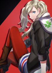 Rule 34 | 1girl, absurdres, bad id, bad pixiv id, black jacket, blue eyes, boots, brown footwear, earrings, floating hair, hair ornament, hairclip, highres, hood, hood down, hooded jacket, jacket, jewelry, long hair, long sleeves, looking at viewer, pantyhose, persona, persona 5, red background, red pantyhose, silver hair, sitting, smile, solo, swept bangs, takamaki anne, tirudo29, tongue, tongue out, twintails