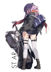 Rule 34 | 1girl, adjusting clothes, adjusting panties, ass, assault rifle, bag, blue eyes, boots, character name, clothes lift, coat, from behind, full body, girls&#039; frontline, gun, half updo, highres, holster, long hair, ningen (ningen96), panties, parted lips, pink hair, pleated skirt, profile, red scarf, rifle, scarf, school bag, shoulder bag, sidelocks, simple background, skirt, skirt lift, solo, st ar-15 (girls&#039; frontline), standing, thigh holster, thighhighs, underwear, weapon, white background, white panties, white thighhighs