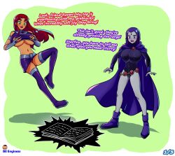Rule 34 | 2girls, absurdres, be engineer, belt, blush, book, boots, breast expansion, breasts, cape, colored sclera, colored skin, covered erect nipples, dc comics, female focus, forehead jewel, full body, grabbing own breast, green eyes, green sclera, grey skin, highres, huge breasts, leotard, long hair, matching hair/eyes, multiple girls, navel, orange skin, purple eyes, purple hair, raven (dc), red hair, short hair, starfire, teen titans, text focus, thigh boots, underboob, upskirt