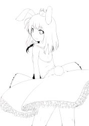 Rule 34 | 1girl, absurdres, ac japan, animal ears, arigato usagi, back, bare shoulders, rabbit ears, rabbit tail, crown, dress, from behind, highres, lineart, long hair, looking back, monochrome, personification, shima (sh1mamu), smile, solo, tail