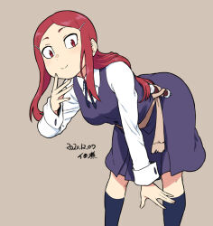 Rule 34 | 1girl, breasts, closed mouth, dated, feet out of frame, hair ornament, hairclip, little witch academia, long hair, looking at viewer, luna nova school uniform, medium breasts, red eyes, red hair, sarah bernard, school uniform, signature, simple background, skirt, smile, solo, tsukudani (coke-buta)