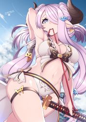Rule 34 | 10s, 1girl, 2016, arm behind head, armpits, between legs, bikini, blue eyes, braid, breasts, bridal garter, cleavage, cow girl, cow horns, curvy, dated, draph, earrings, female focus, from below, granblue fantasy, hair ornament, hair over one eye, hairclip, highres, horns, jewelry, katana, large breasts, light purple hair, long hair, looking at viewer, mku, mouth hold, narmaya (granblue fantasy), narmaya (summer) (granblue fantasy), navel, outdoors, pointy ears, purple hair, sky, solo, standing, star (symbol), star earrings, summer, swimsuit, sword, weapon, white bikini