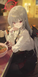 Rule 34 | 1girl, black necktie, black pantyhose, black skirt, black tail, black wings, blue archive, blush, braid, chopsticks, closed mouth, collared shirt, food, grey hair, halo, haruna (blue archive), highres, indoors, long hair, long sleeves, looking at viewer, modare, necktie, pantyhose, red eyes, red halo, shirt, side braid, single wing, sitting, skirt, smile, solo, white shirt, wings