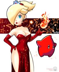 Rule 34 | blue eyes, breasts, choker, cleavage, crown, dress, elbow gloves, fire, fire flower, gloves, hand on own hip, highres, looking at viewer, luma (mario), mario (series), nintendo, ponytail, red dress, red lips, rosalina, side slit, smile, super mario 3d world, ty wilgs