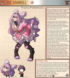 Rule 34 | 1boy, 1girl, animal feet, animal hands, artist name, black eyes, black hair, breasts, brown background, character name, character profile, choker, cleavage, commentary, creatures (company), digitigrade, english commentary, english text, fangs, frilled kimono, frills, game freak, gen 2 pokemon, granbull, hair between eyes, hairband, highres, japanese clothes, kimono, kinkymation, large breasts, long hair, nintendo, personification, pink hair, pink kimono, poke ball, poke ball (basic), pokemon, pokemon ears, short kimono, spiked anklet, spiked choker, spiked hairband, spiked thighlet, spikes, tusks, uncensored, very long hair