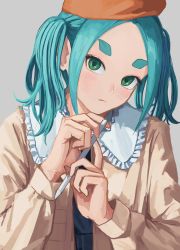 Rule 34 | 1girl, absurdres, blue hair, brown shirt, closed mouth, commentary request, green eyes, grey background, hands up, highres, holding, holding pencil, long hair, long sleeves, monogatari (series), nemo ringo, ononoki yotsugi, orange headwear, pencil, shirt, simple background, solo, twintails, upper body