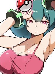 Rule 34 | 1girl, armpits, bad id, bad pixiv id, bracelet, breasts, cleavage, commentary request, creatures (company), crop top, eyelashes, game freak, glowing, green hair, gym leader, jewelry, large breasts, looking at viewer, medium hair, mituyota 76, nintendo, pink eyes, pink shirt, poke ball, poke ball (basic), pokemon, pokemon hgss, sabrina (pokemon), shirt, simple background, solo, spaghetti strap, telekinesis, upper body, white background