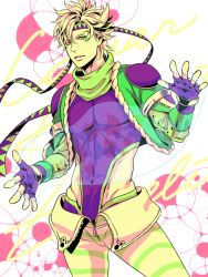 Rule 34 | 1boy, a s h e s, bad id, bad pixiv id, caesar anthonio zeppeli, clothing cutout, facial mark, feather hair ornament, feathers, fingerless gloves, gloves, green eyes, hair ornament, headband, jacket, jojo no kimyou na bouken, leotard, male focus, official alternate costume, pants, partially colored, side cutout, solo, striped clothes, striped pants
