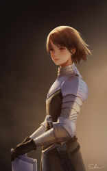Rule 34 | 1girl, armor, black gloves, braid, brown background, brown eyes, brown hair, commentary, cowboy shot, crown braid, eika127, english commentary, floating hair, from side, gloves, gorget, highres, knight, looking afar, looking away, original, parted lips, pauldrons, shield, short hair, shoulder armor, signature, solo, sword, vambraces, weapon