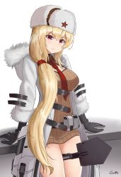 Rule 34 | 1girl, arms behind back, artist name, belt bag, black gloves, blonde hair, blush, breasts, brown sweater, closed mouth, coat, commentary, cosplay, english commentary, feet out of frame, fur-trimmed coat, fur-trimmed sleeves, fur hat, fur trim, gamryous, girls&#039; frontline, gloves, hat, hat ornament, highres, long hair, long sleeves, looking at viewer, medium breasts, mod3 (girls&#039; frontline), mosin-nagant (girls&#039; frontline), mosin-nagant (girls&#039; frontline) (cosplay), mosin-nagant (mod3) (girls&#039; frontline), necktie, open clothes, open coat, papakha, red eyes, red necktie, red star, shovel, smile, solo, standing, star (symbol), star hat ornament, sv-98 (girls&#039; frontline), sweater, white background, white coat, white hat