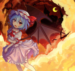Rule 34 | 1girl, :d, absurdres, ascot, bat (animal), bat wings, black background, blue hair, bow, crescent moon, dress, fang, feet out of frame, frills, hat, highres, medium dress, mob cap, moon, offbeat, open mouth, orange eyes, red ascot, red bow, remilia scarlet, short hair, smile, solo, touhou, white dress, wings